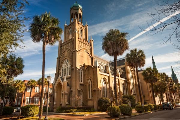 Temple Mickve Israel Gothic Revival synagogue with stunning sanctuary, stained glass windows, and historic Torah scrolls