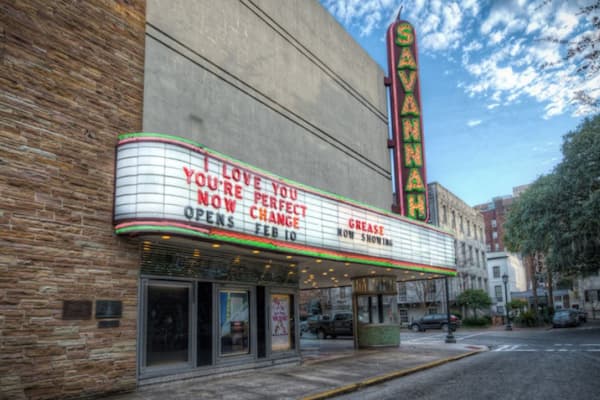 Historic Savannah Theatre 1818 facade with ornate architecture - America's longest continuously operating theatre venue
